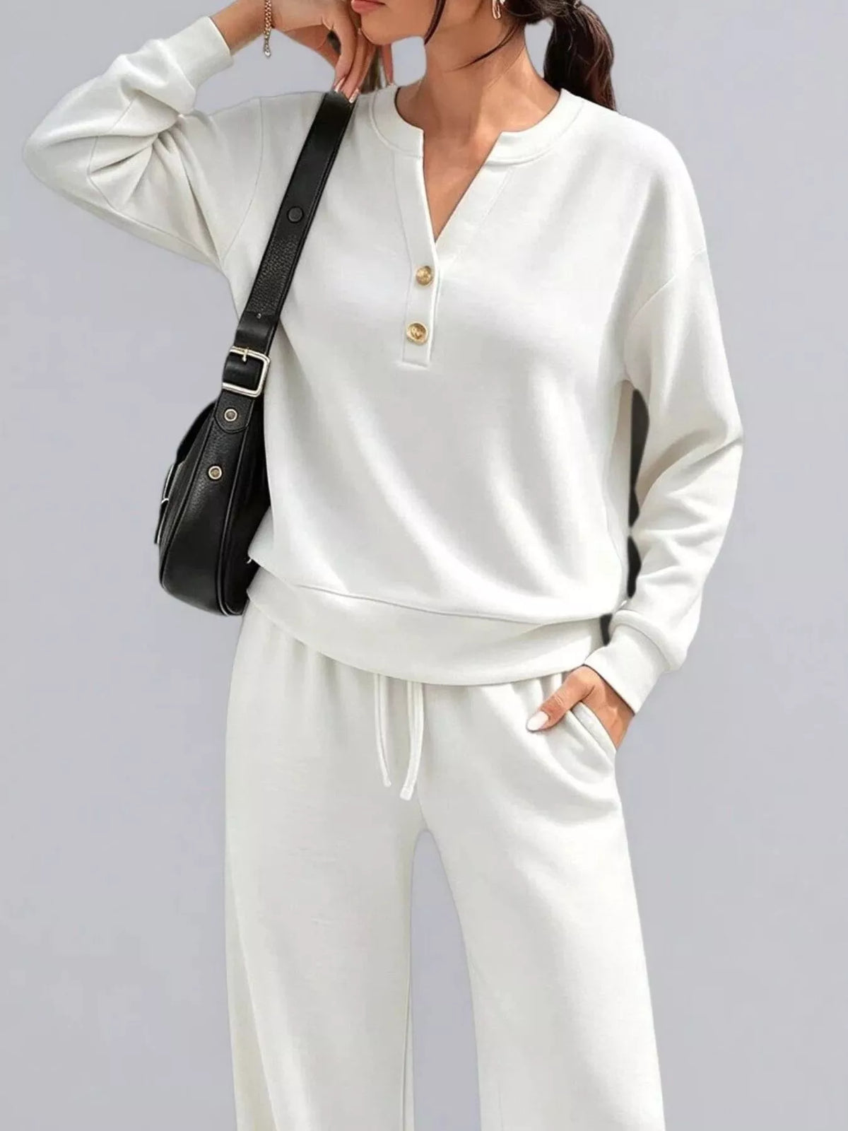 Button Detail Dropped Shoulder Top Pants Set (27)