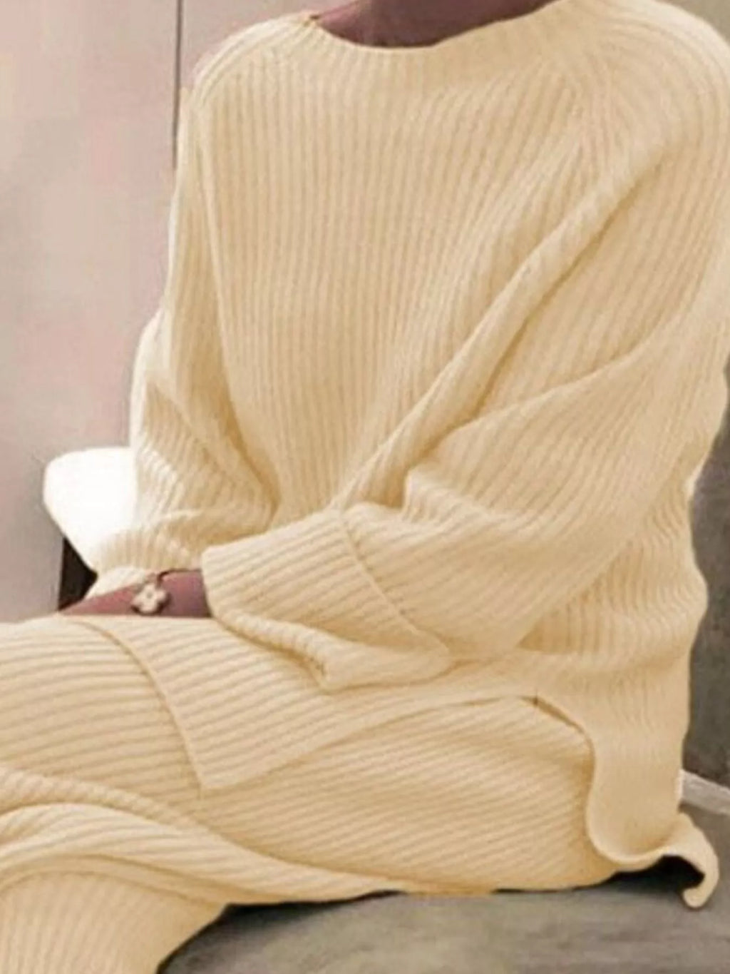 Full Size Ribbed Knit Relaxed Fit Top Pants Sweater Set Plus (5)