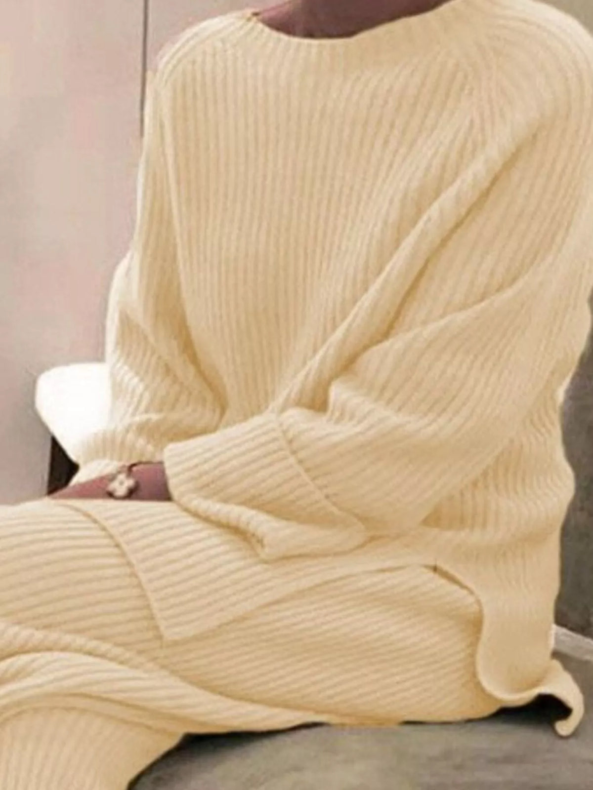 Full Size Ribbed Knit Relaxed Fit Top Pants Sweater Set Plus (5)