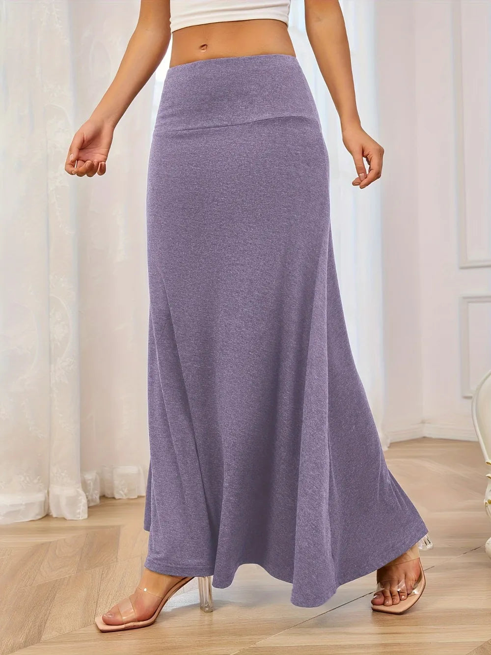 Solid Elastic Waist Maxi Skirt (16)