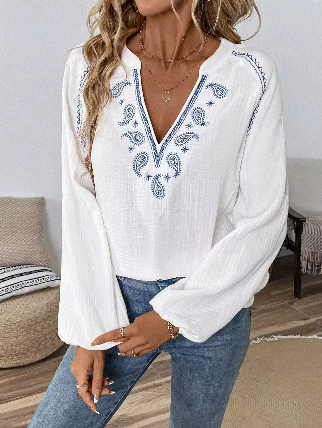 Paisley Notched Balloon Sleeve Blouse (4)