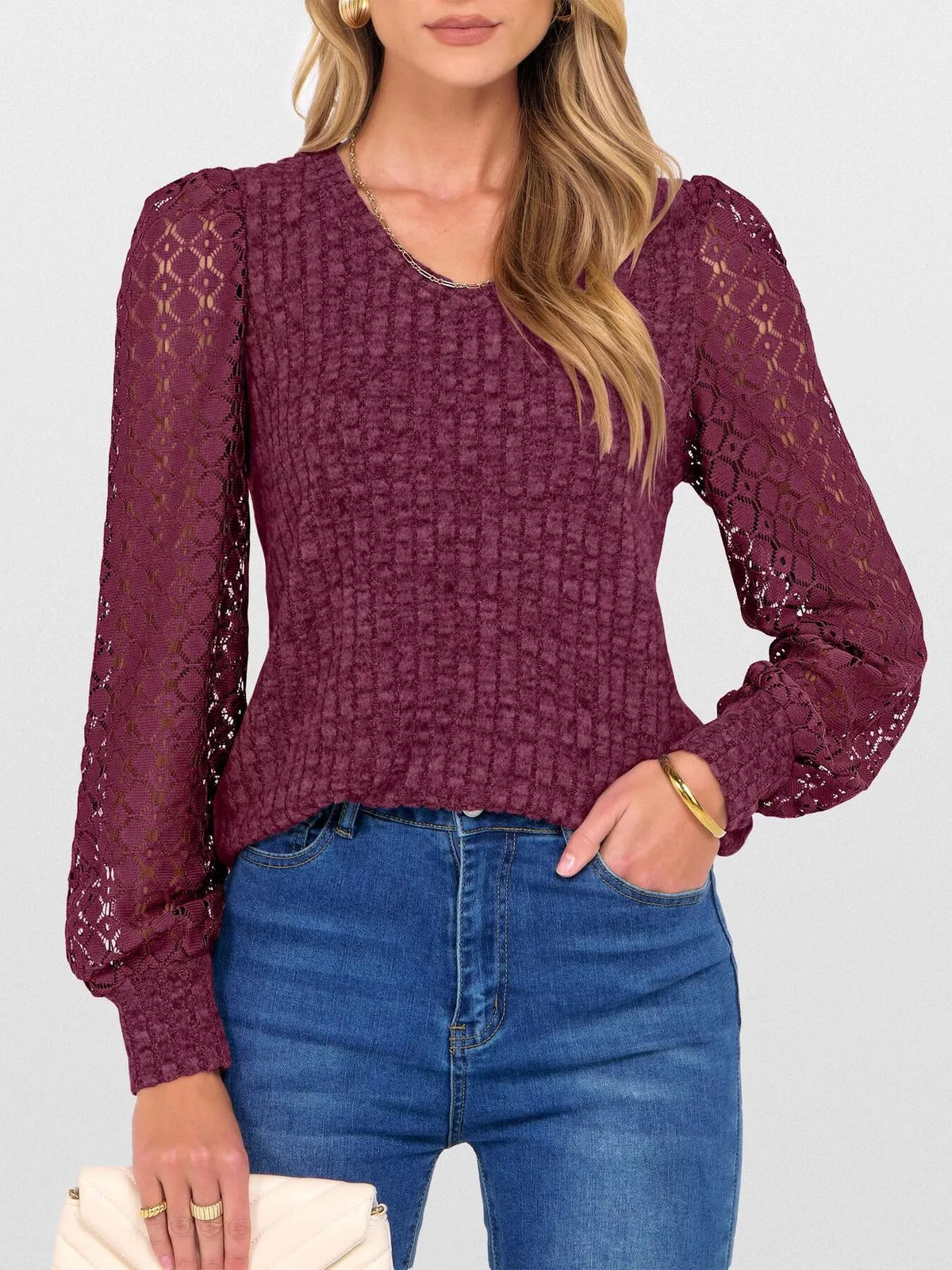 Lace Sleeve V-neck T-shirt (19)