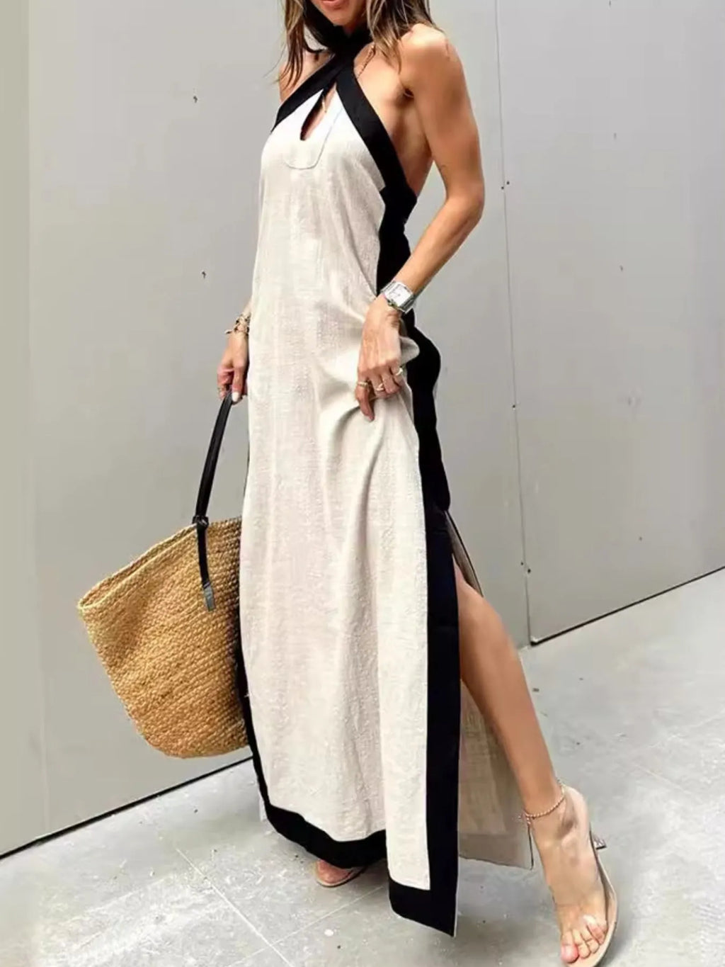 Contrast Halter Sleeveless Maxi Dress (3)