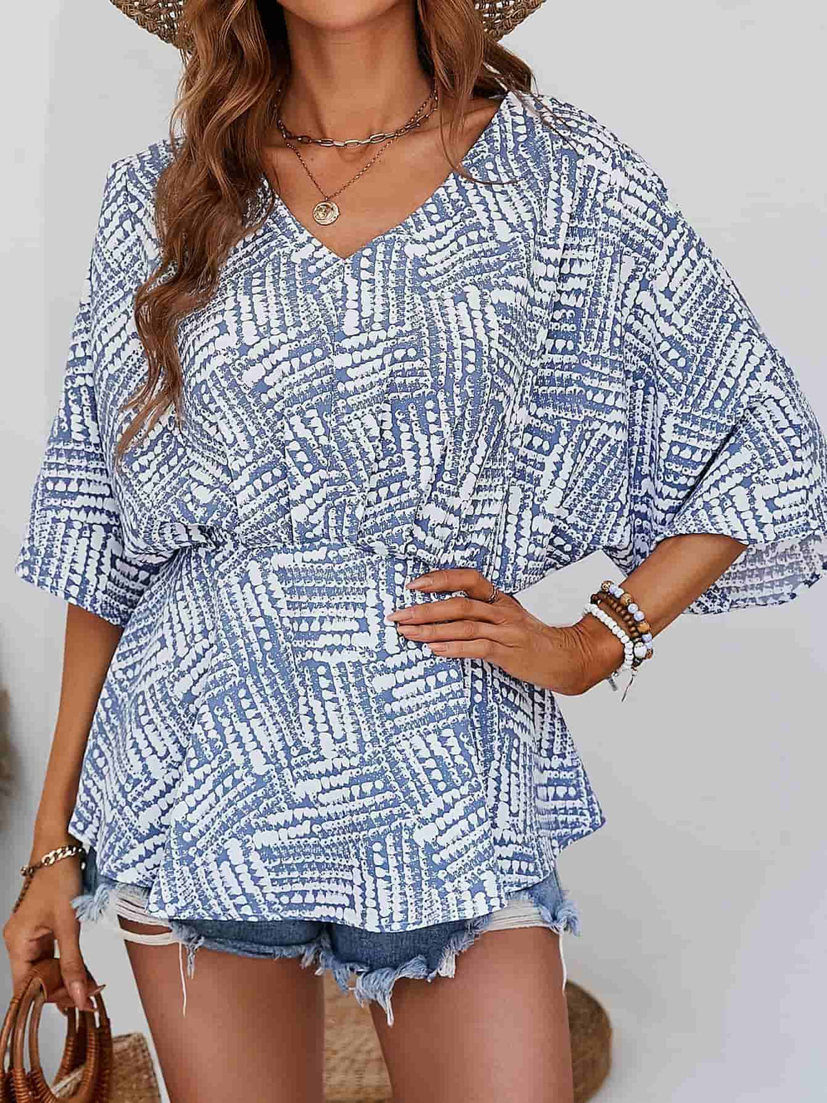 Printed V-neck Dolman Sleeve Blouse (10)