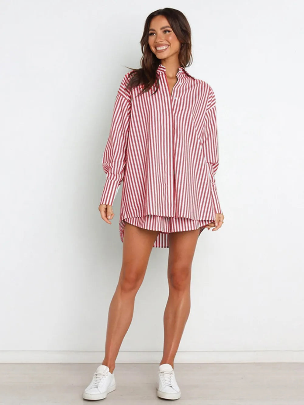 Striped Dropped Shoulder Shirt Shorts Set (15)