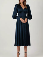 Elegant V-neck Puff Sleeve Button-down Midi Dress (22)