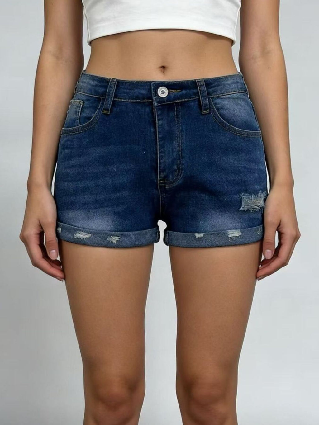 Distressed Denim Roll-up Shorts (8)