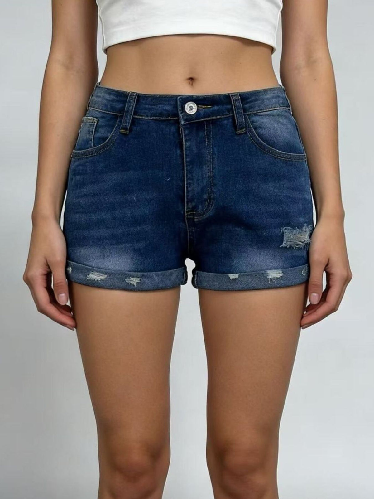 Distressed Denim Roll-up Shorts (8)
