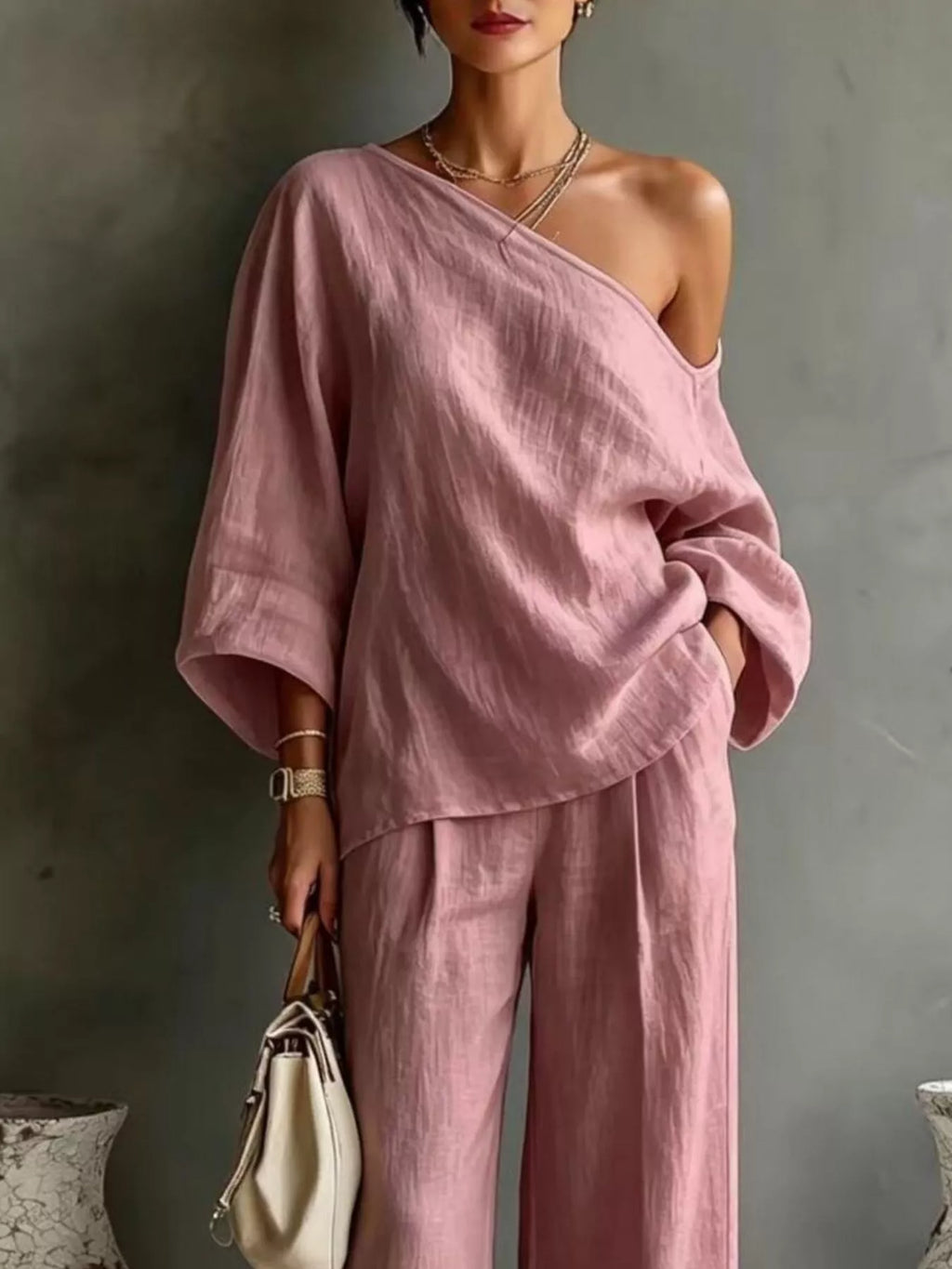 One Shoulder Top Wide Leg Pants Set (11)
