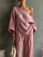 One Shoulder Top Wide Leg Pants Set (11)