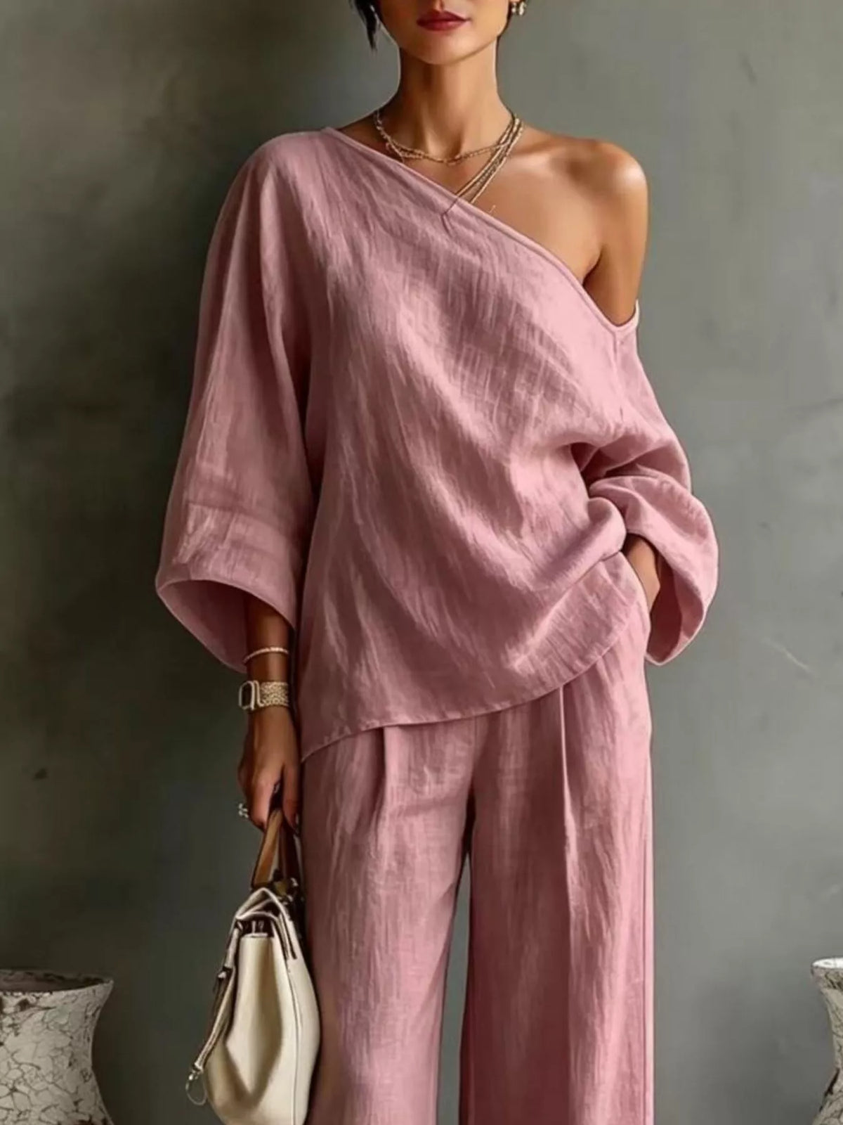 One Shoulder Top Wide Leg Pants Set (11)