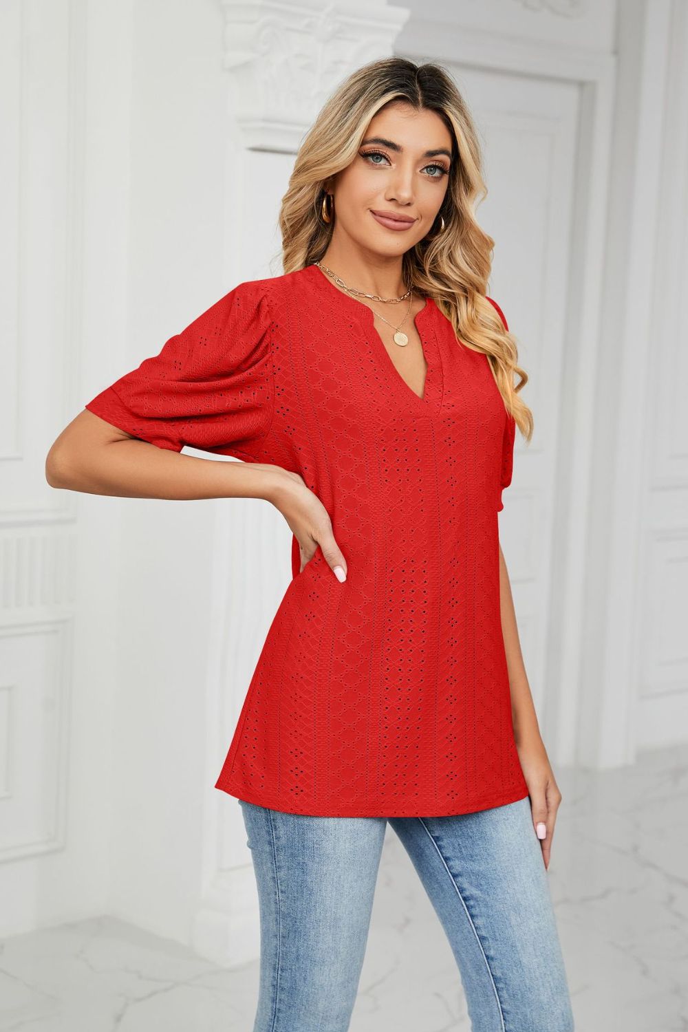 Eyelet Short Puff Sleeve Notched Neck Top (36)