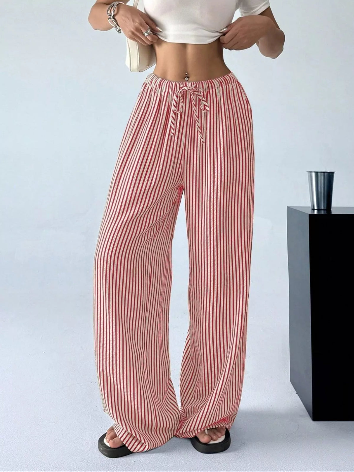 Full Size Striped Drawstring Waist Wide Leg Pants Plus (4)