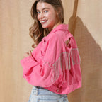 Ripped Rhinestone Denim Jacket Tassel Long Sleeve photo 13