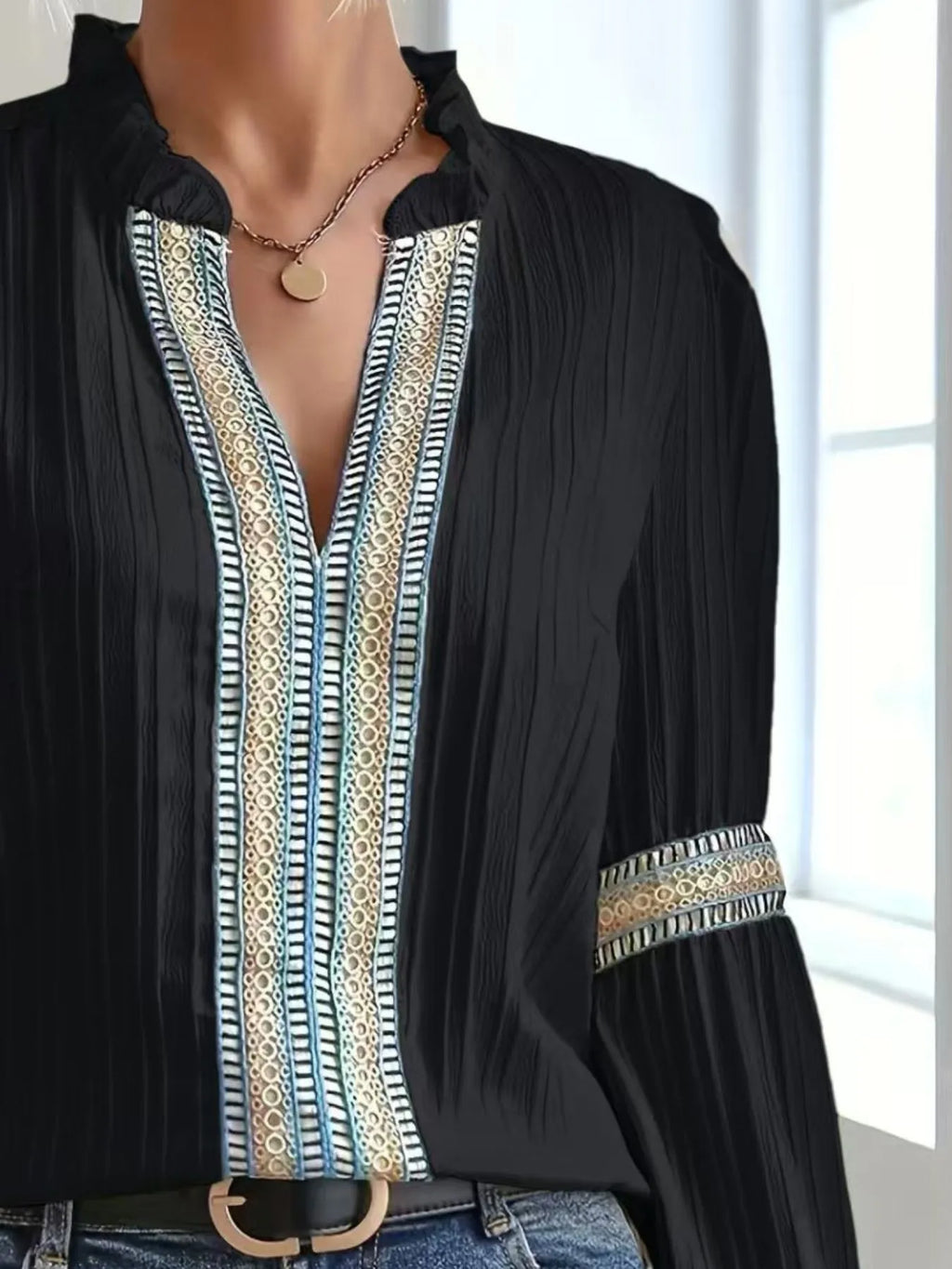 Notched Textured Balloon Sleeve Blouse (7)