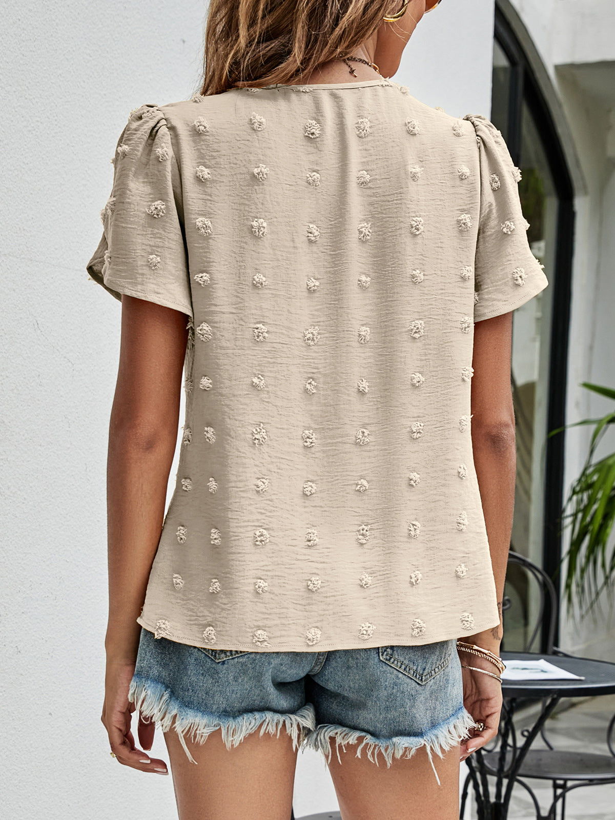 Swiss Dot Round Neck Petal Sleeve Top (12)