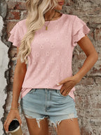 Eyelet Round Neck Double Layered Ruffled Short Sleeve Top (7)