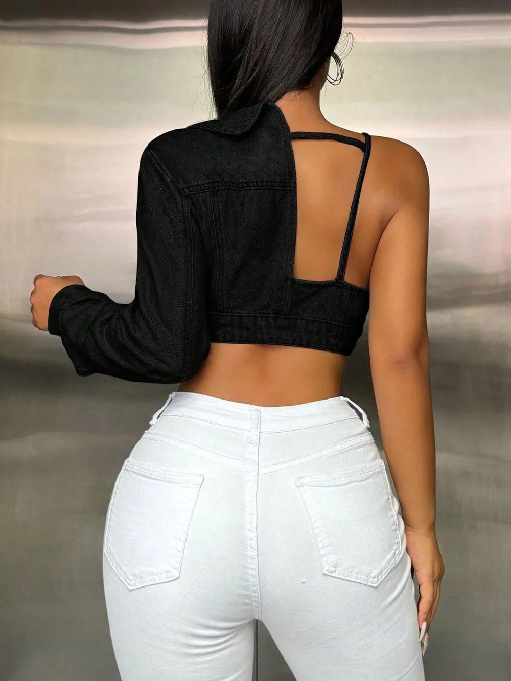 One Shoulder Long Sleeve Cropped Denim Top (8)