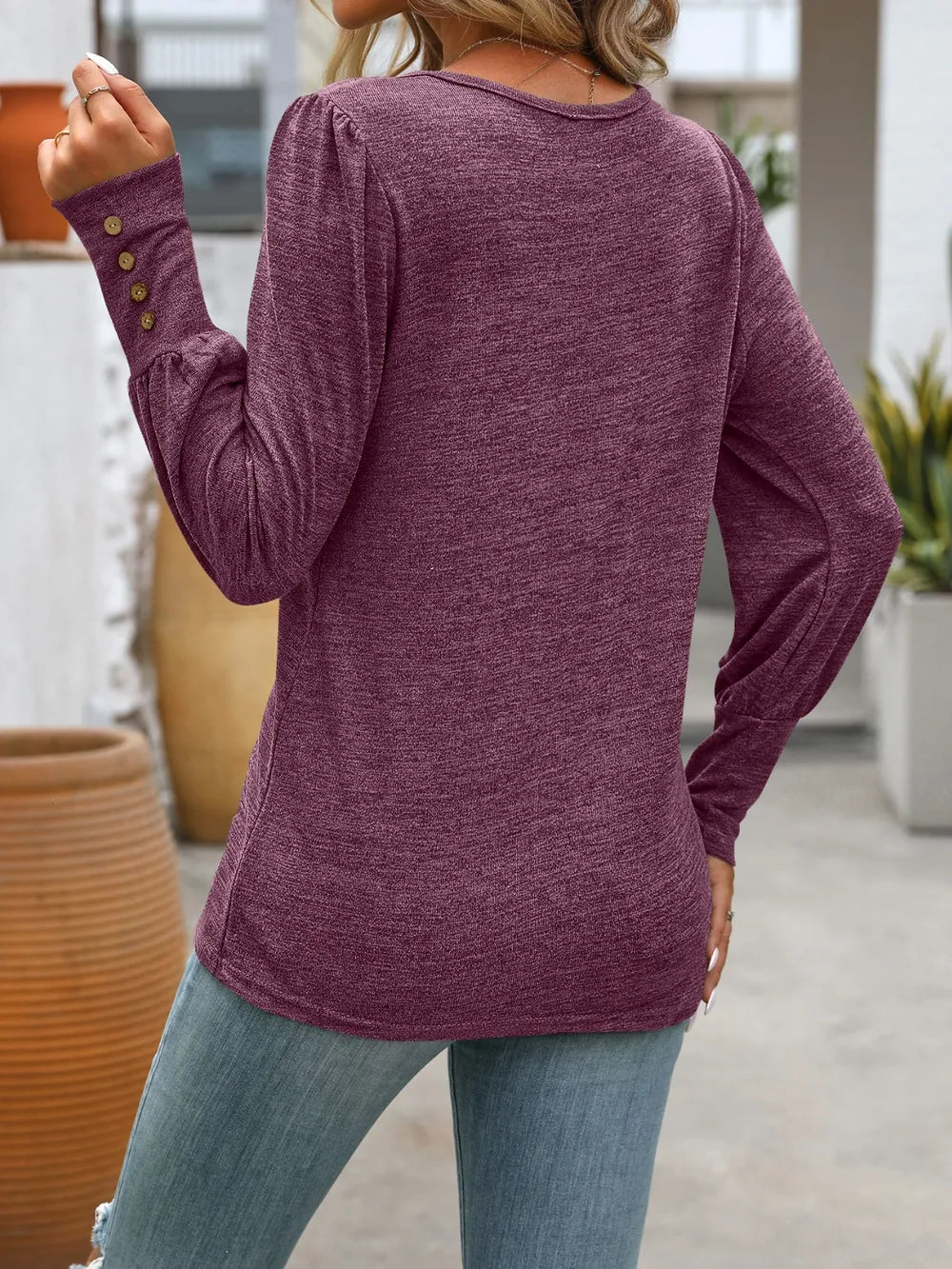 Decorative Button Round Neck Long Sleeve T-shirt (26)