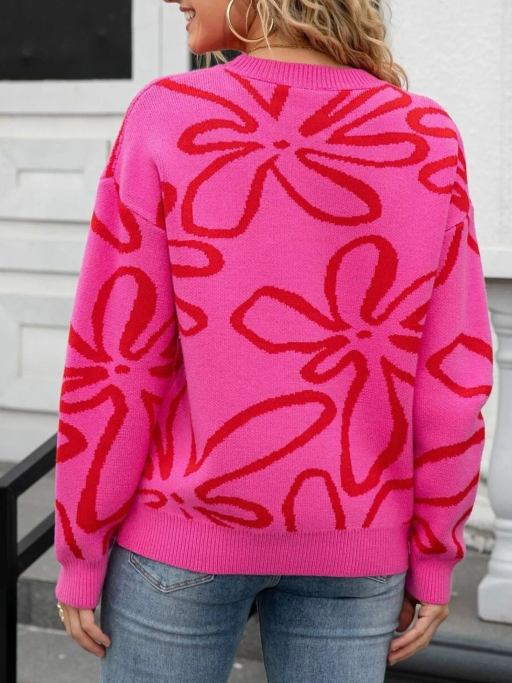 Flower Crew Neck Long Sleeve Sweater (16)
