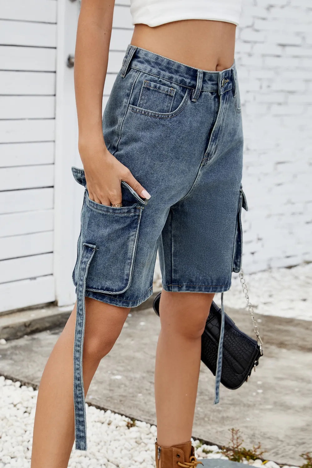 Washed Cargo Denim Shorts (14)