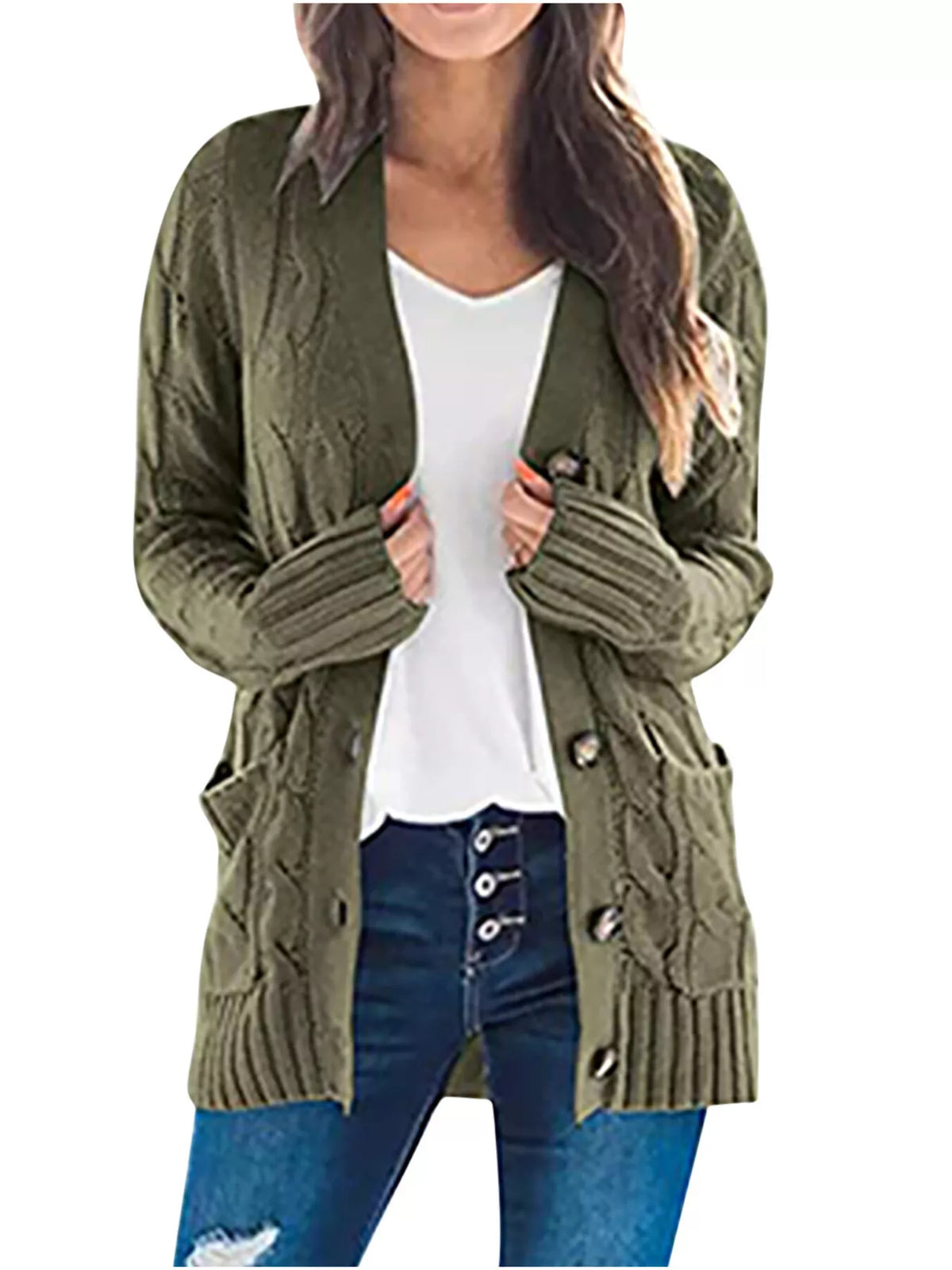Full Size Chunky Cable Knit Button-down Cardigan Plus (4)