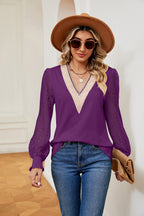 Contrast V-neck Long Sleeve Blouse (23)
