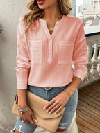 Pocketed Notched Long Sleeve Blouse (7)