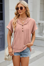 Eyelet Drawstring Hooded Short Sleeve Blouse (30)