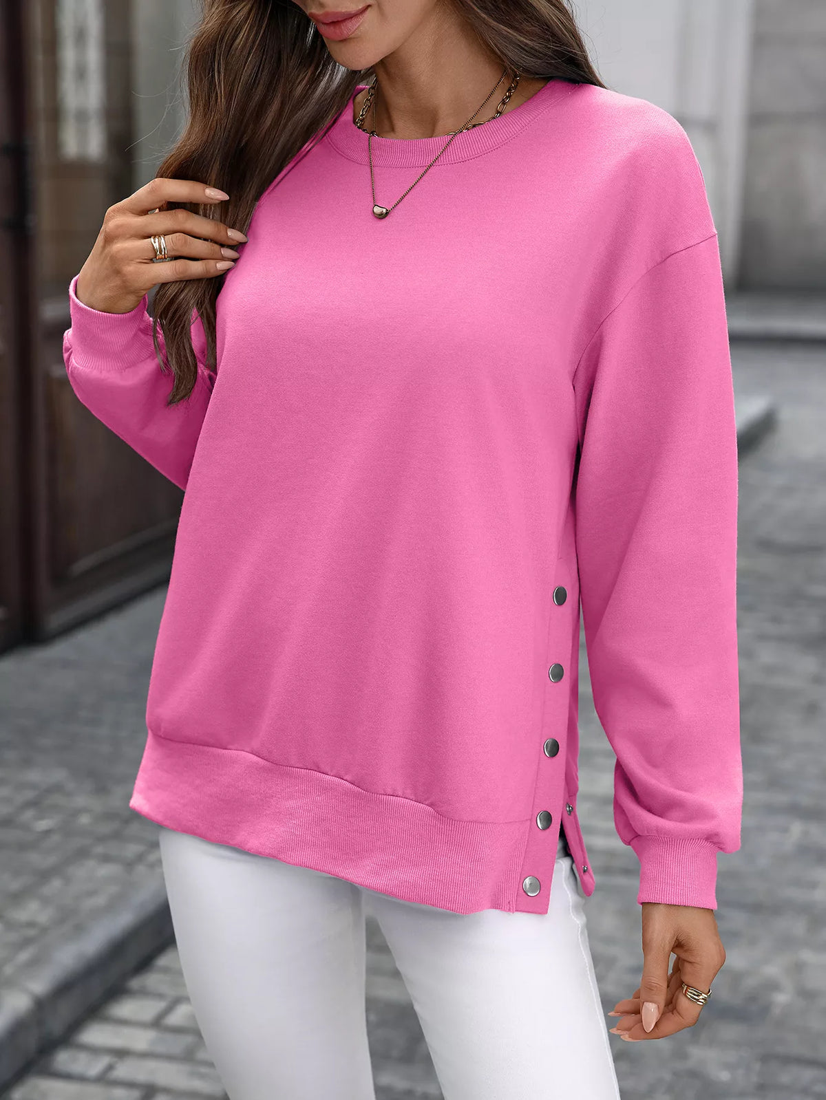 Side Snap Round Neck Sweatshirt (7)