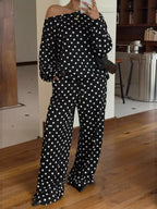 Polka Dot Boat Neck Top Pants Set
