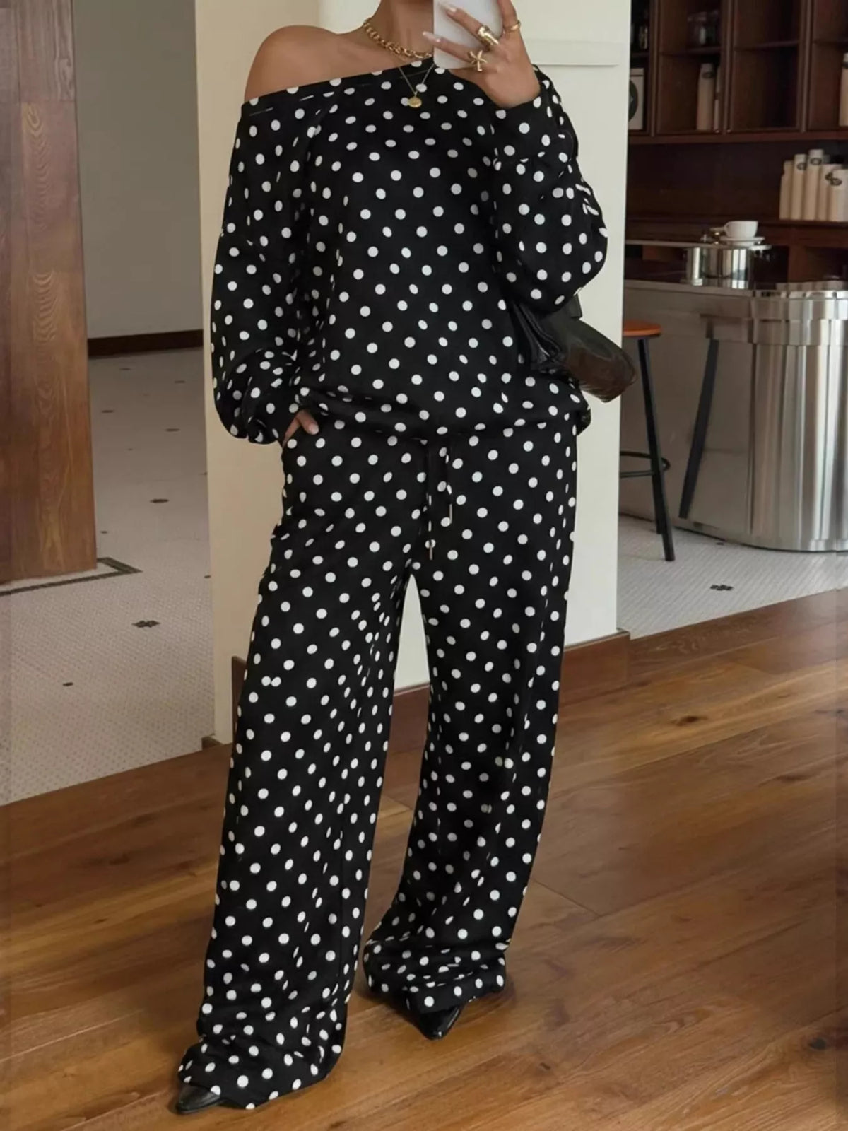 Polka Dot Boat Neck Top Pants Set