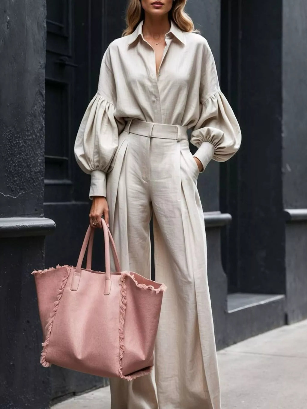 Lantern Sleeve Shirt Wide Leg Pants Set (4)
