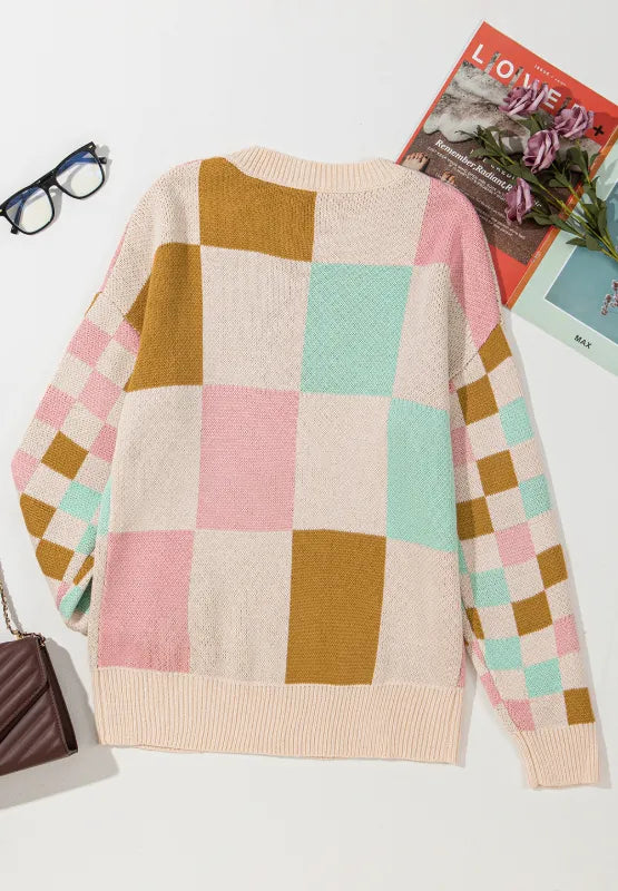 Checkered Round Neck Drop Shoulder Sweater (6)