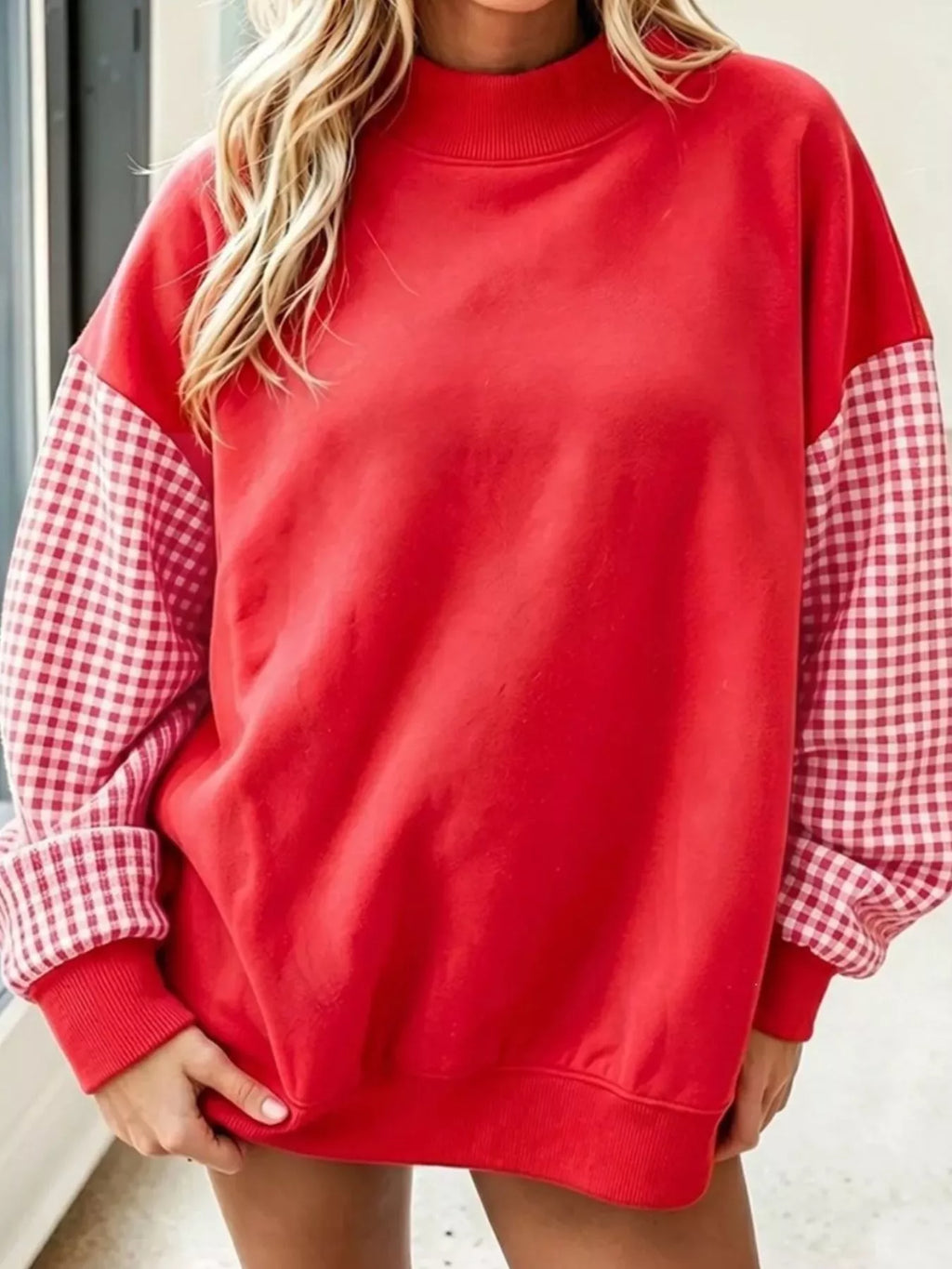 Gingham Sleeves Round Neck Sweatshirt (5)