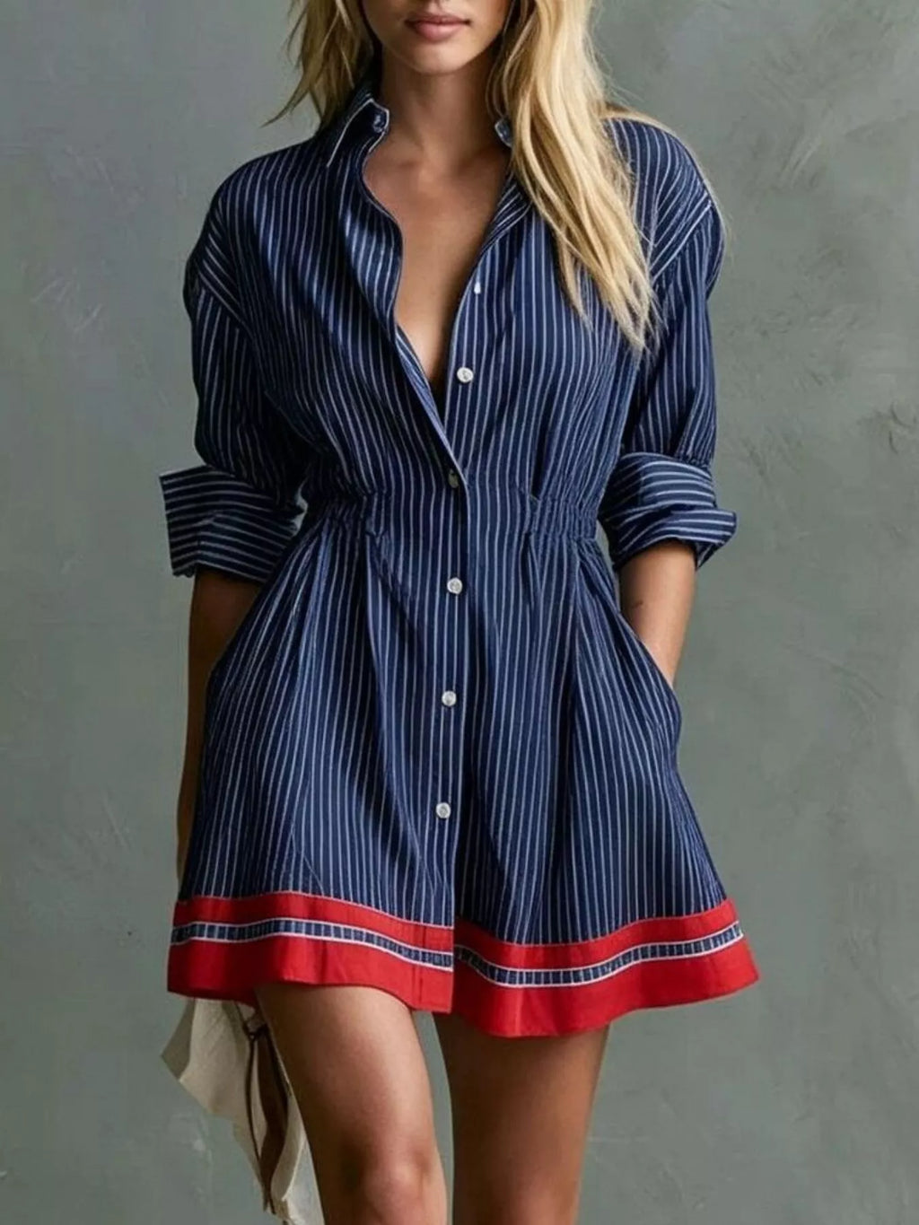 Striped Button-down Shirt Dress Contrast Hem