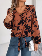 Printed V-neck Long Sleeve Blouse (11)