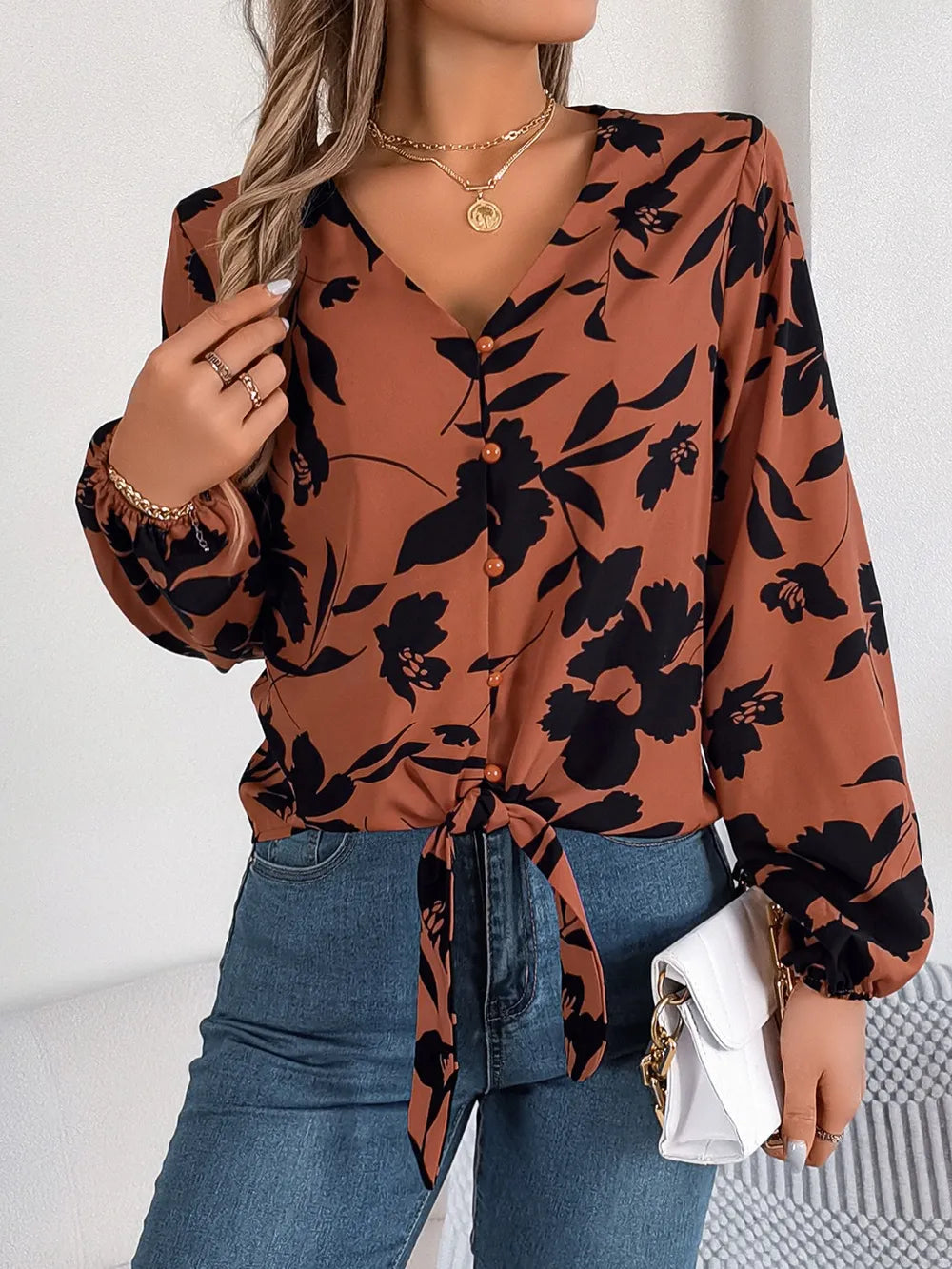 Printed V-neck Long Sleeve Blouse (11)