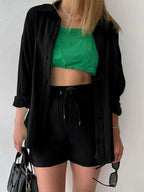 Texture Button Up Shirt Drawstring Shorts Set (6)