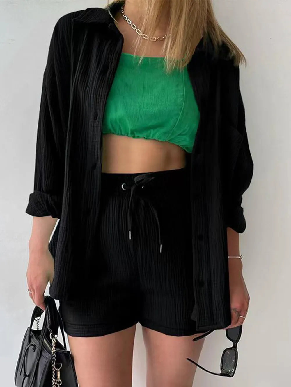 Texture Button Up Shirt Drawstring Shorts Set (6)