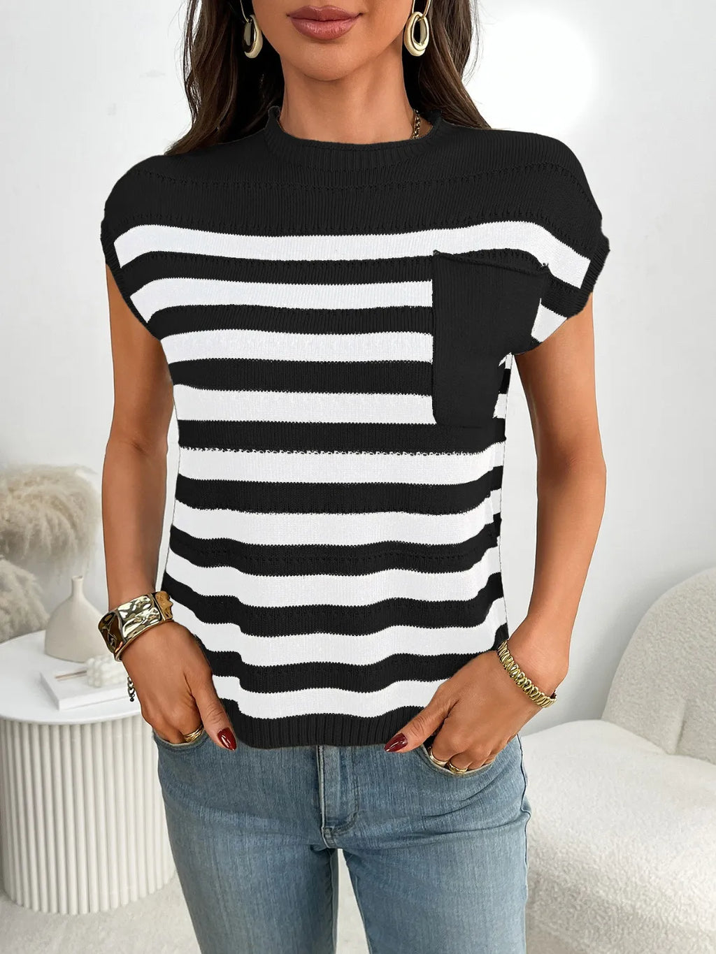 Striped Mock Neck Cap Sleeve Knit Top (13)
