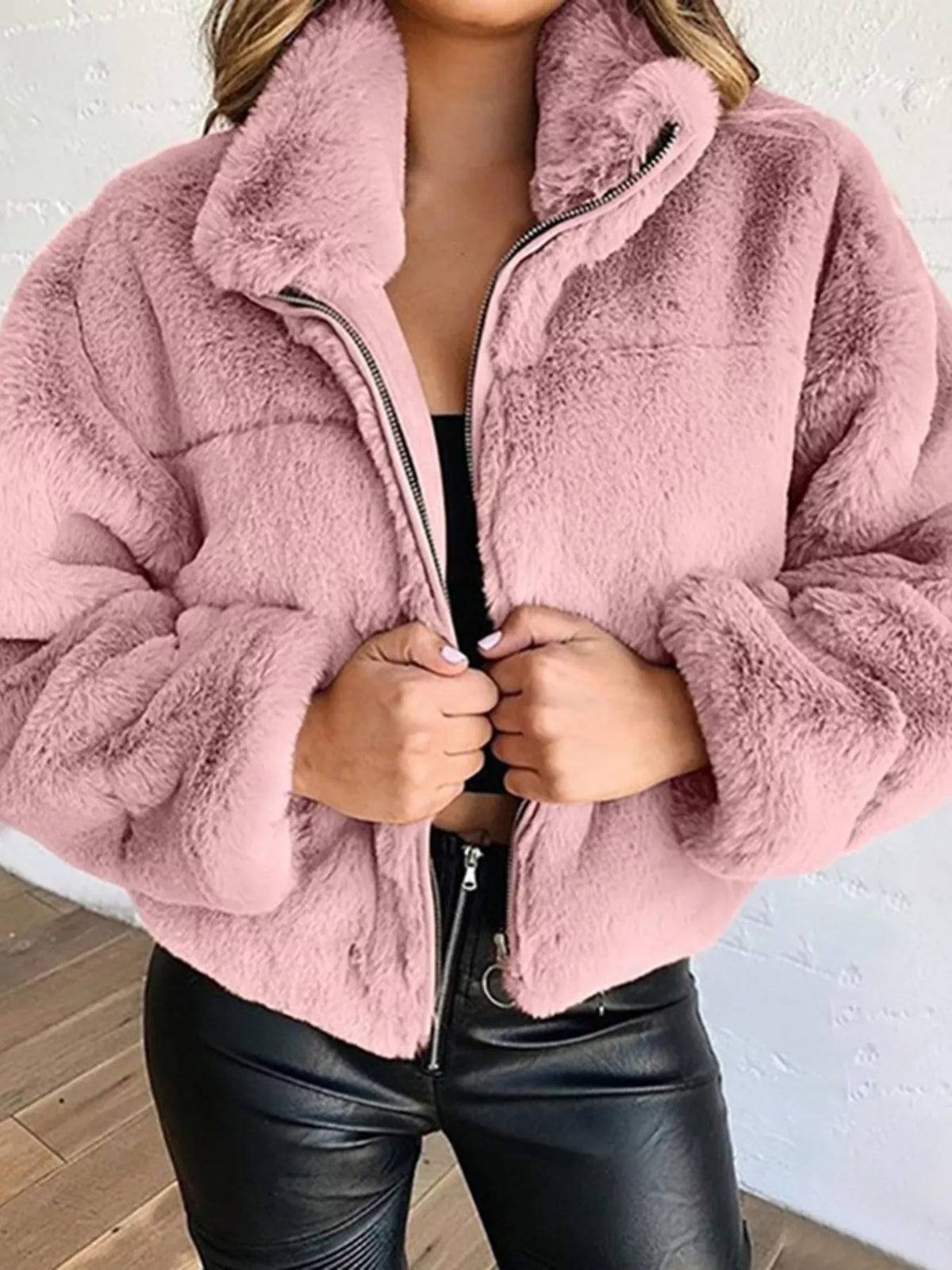 Full Size Faux Fur Cropped Zip-up Jacket Plus (13)