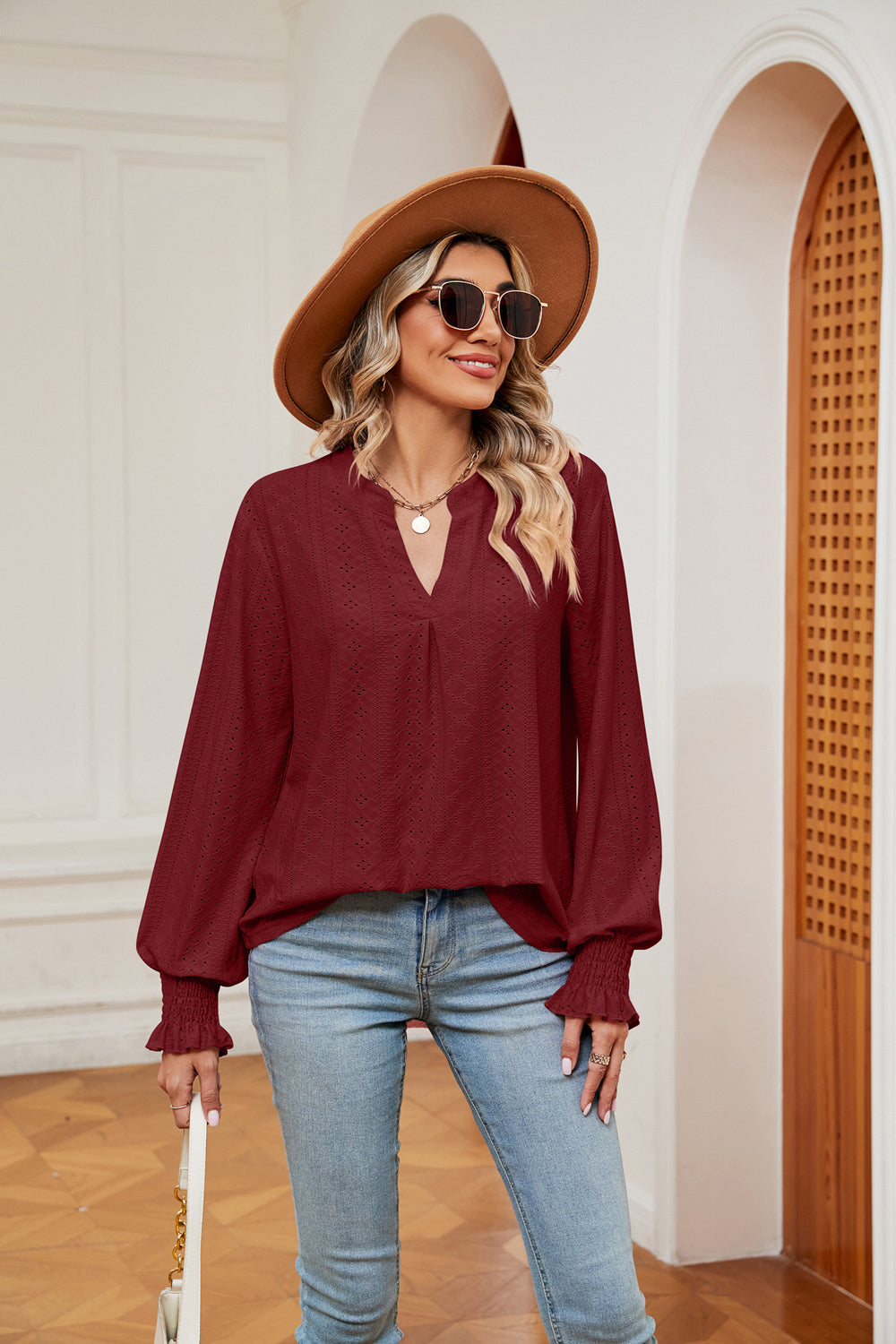 Notched Neck Flounce Sleeve Blouse (18)