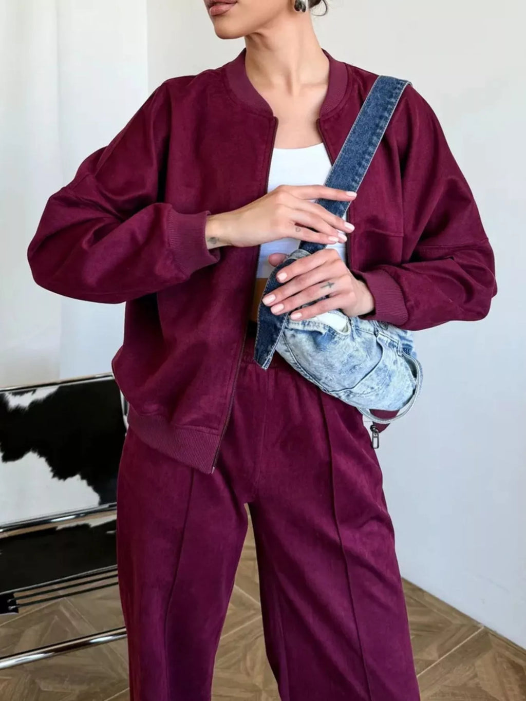 Zip Up Sweatshirt Wide-leg Pants Set (19)