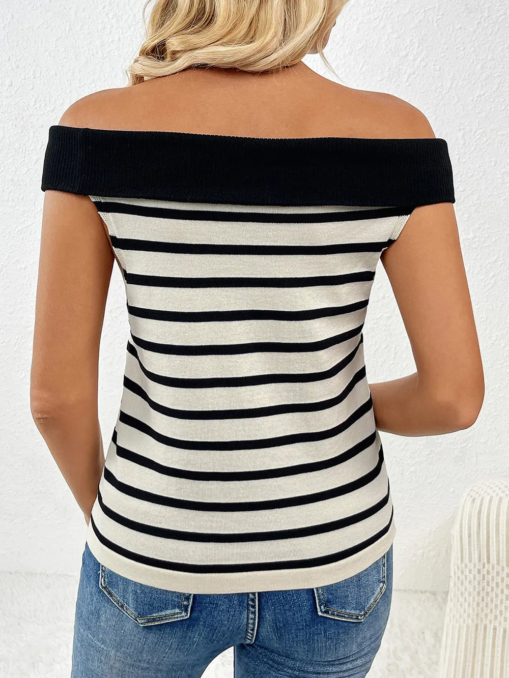 Decorative Button Striped Off-shoulder Knit Top (15)