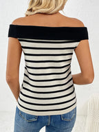 Decorative Button Striped Off-shoulder Knit Top (15)