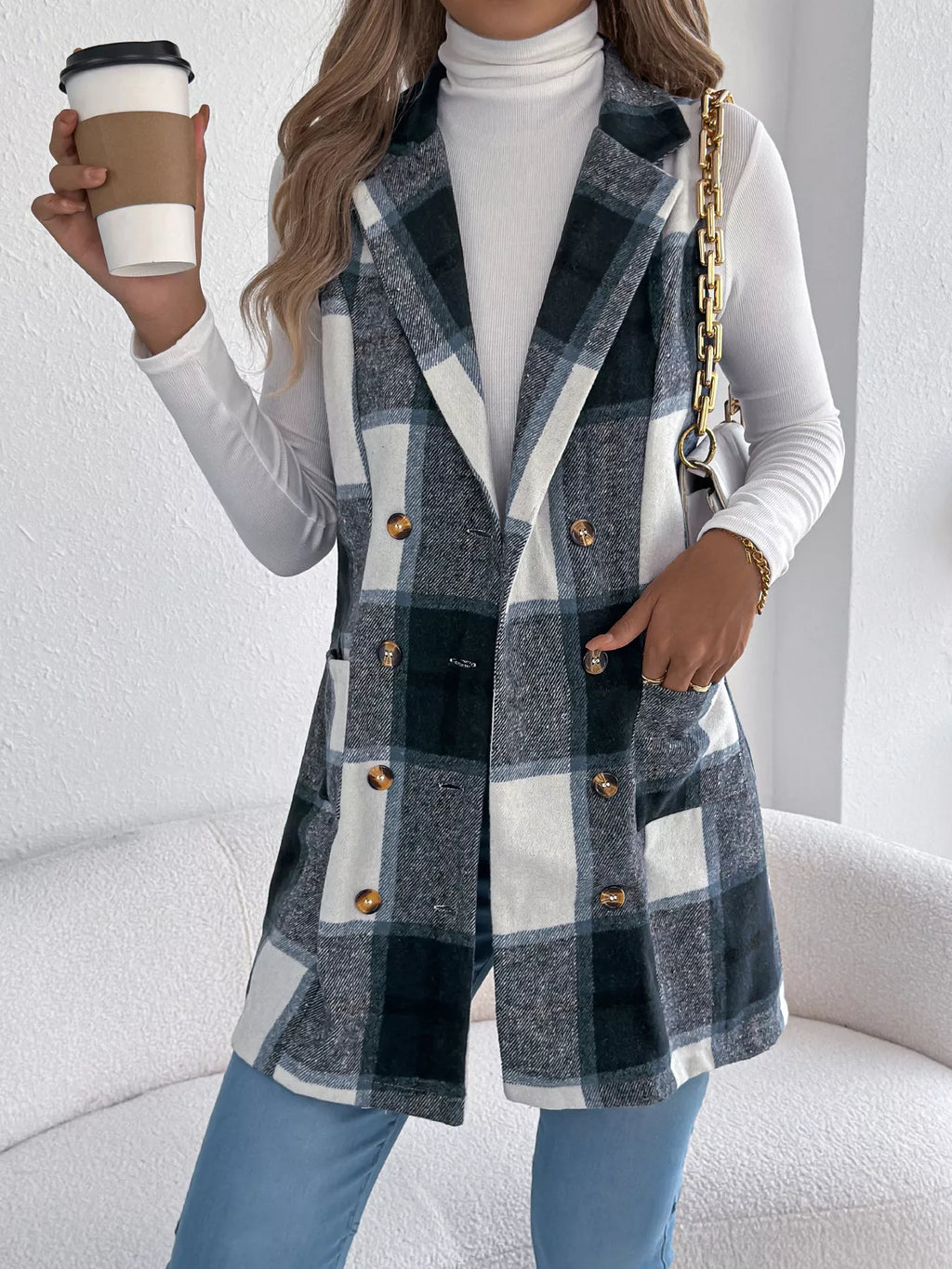Plaid Double-breasted Vest Coat (16)