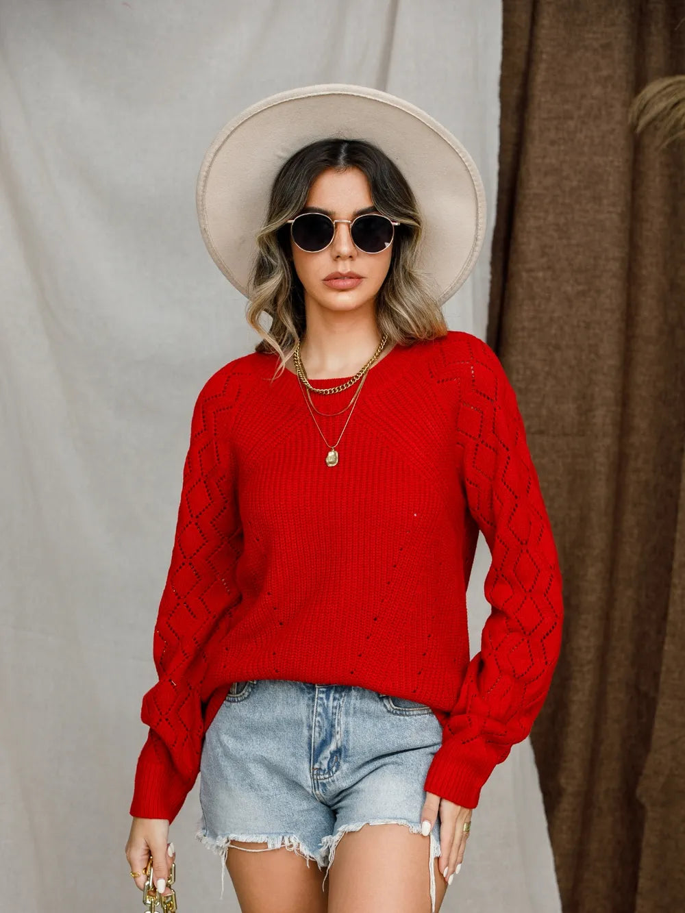 Openwork Round Neck Raglan Sleeve Sweater (36)