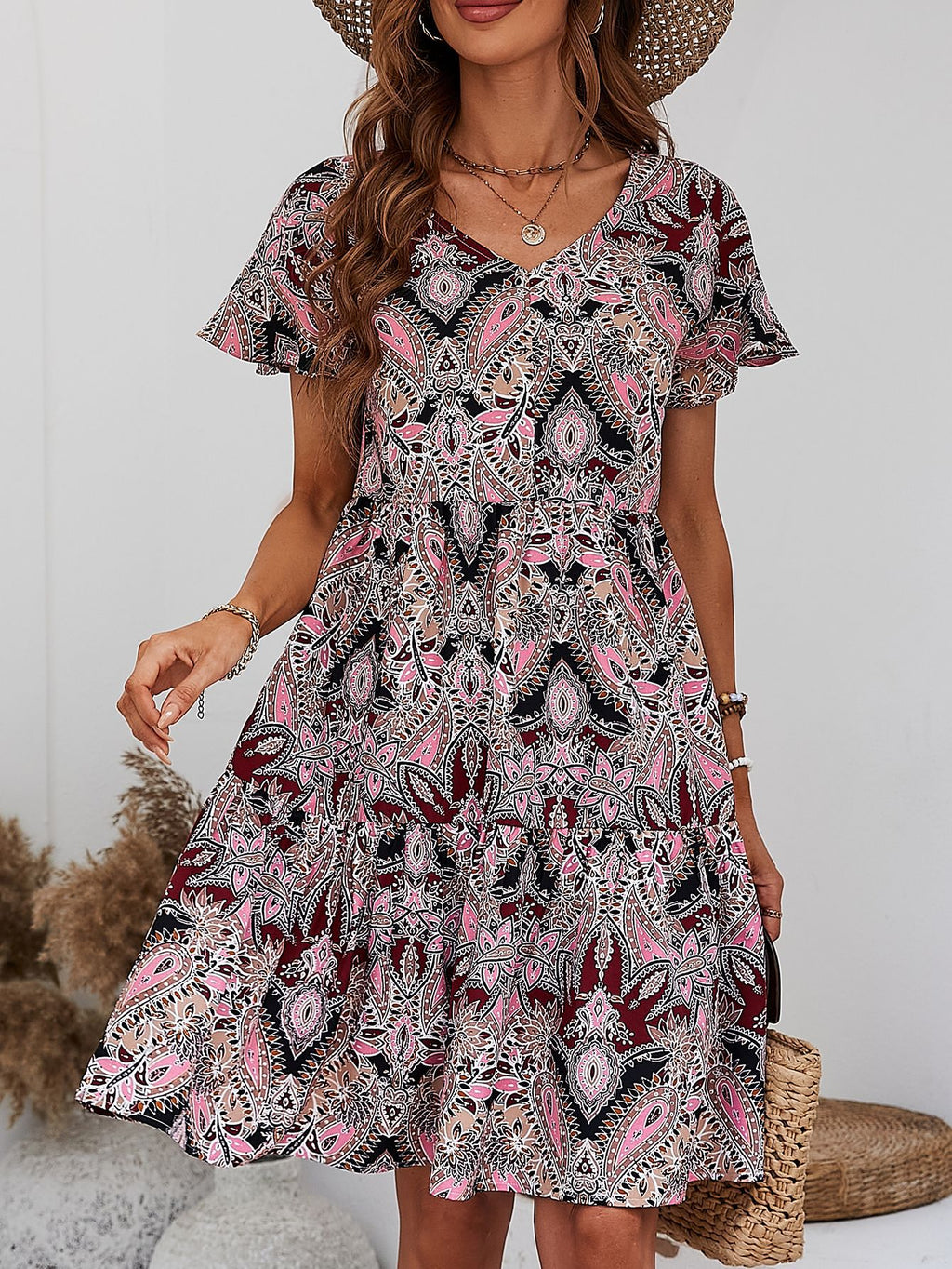 Printed V-neck Tiered Dress (10)
