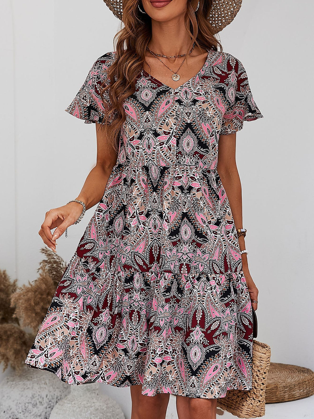 Printed V-neck Tiered Dress (10)
